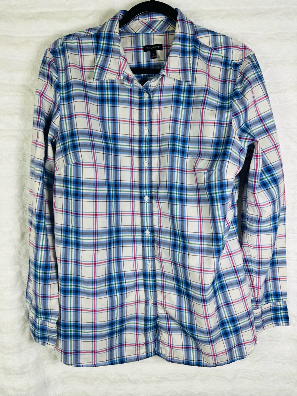 Talbots Cream & Blue Plaid Button-Up Shirt Size Large